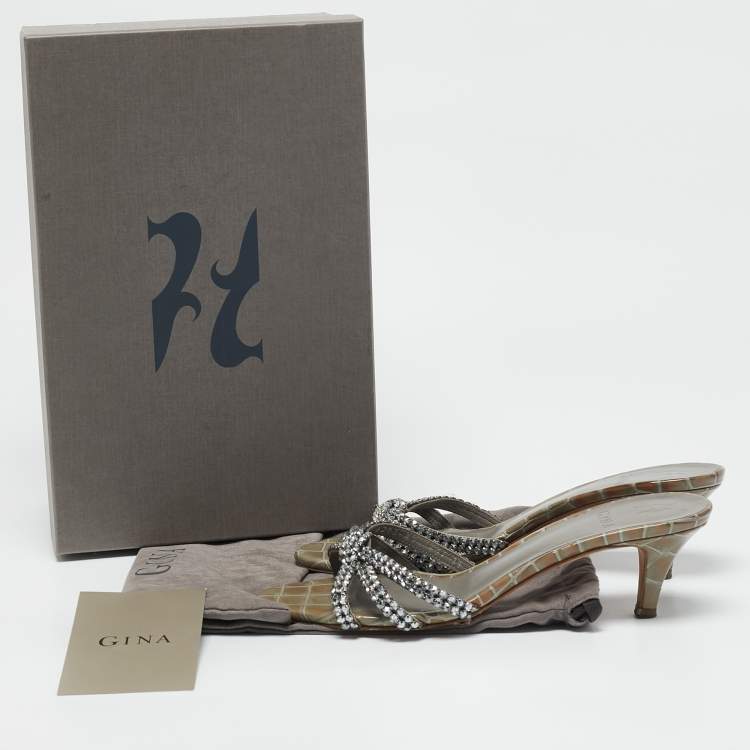 Pre Owned Gina Grey Croc Embossed Patent Leather Crystal Embellished Slide Sandals Size 39