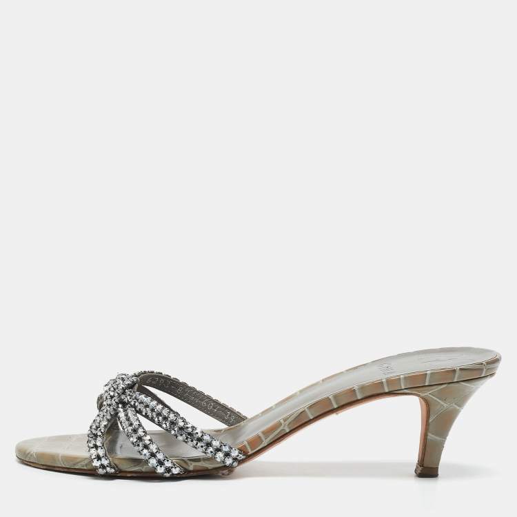 Pre Owned Gina Grey Croc Embossed Patent Leather Crystal Embellished Slide Sandals Size 39