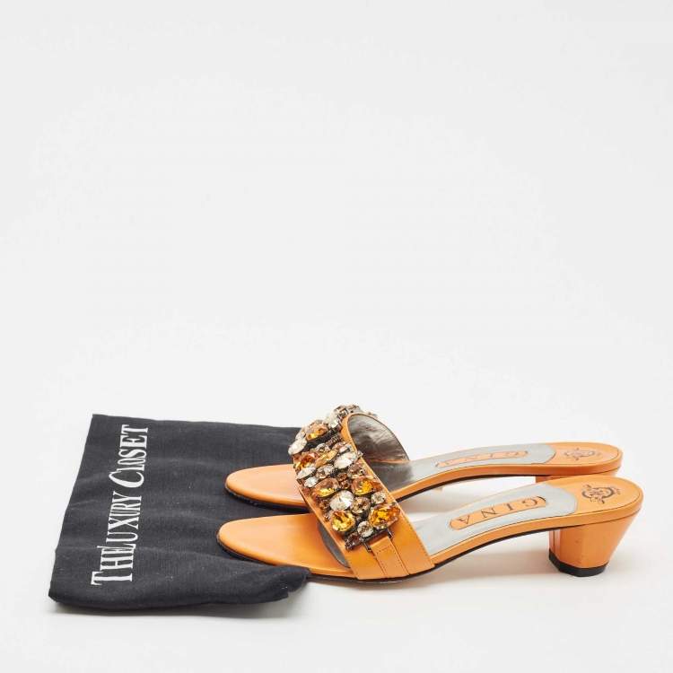 Pre Owned Gina Orange Leather Crystal Embellished Slide Sandals Size 38.5