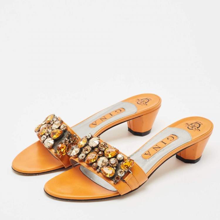 Pre Owned Gina Orange Leather Crystal Embellished Slide Sandals Size 38.5