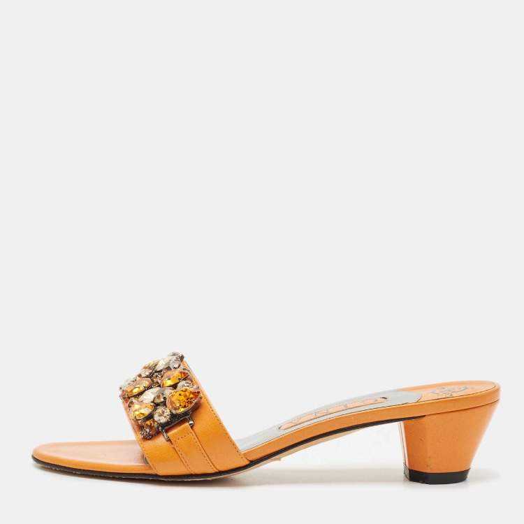 Pre Owned Gina Orange Leather Crystal Embellished Slide Sandals Size 38.5