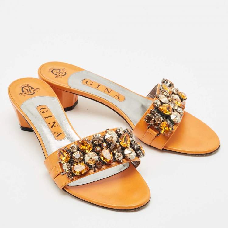 Pre Owned Gina Orange Leather Crystal Embellished Slide Sandals Size 38.5