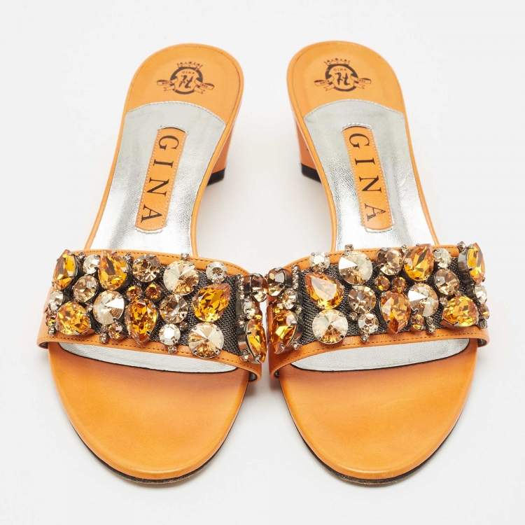 Pre Owned Gina Orange Leather Crystal Embellished Slide Sandals Size 38.5
