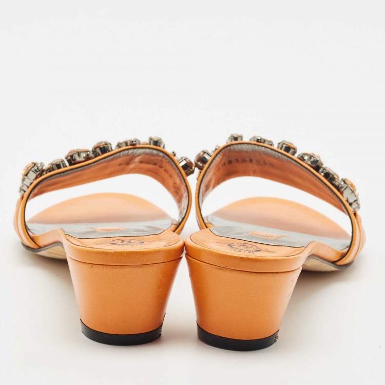 Pre Owned Gina Orange Leather Crystal Embellished Slide Sandals Size 38.5