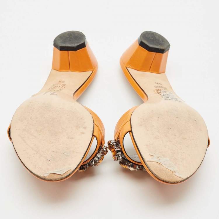 Pre Owned Gina Orange Leather Crystal Embellished Slide Sandals Size 38.5