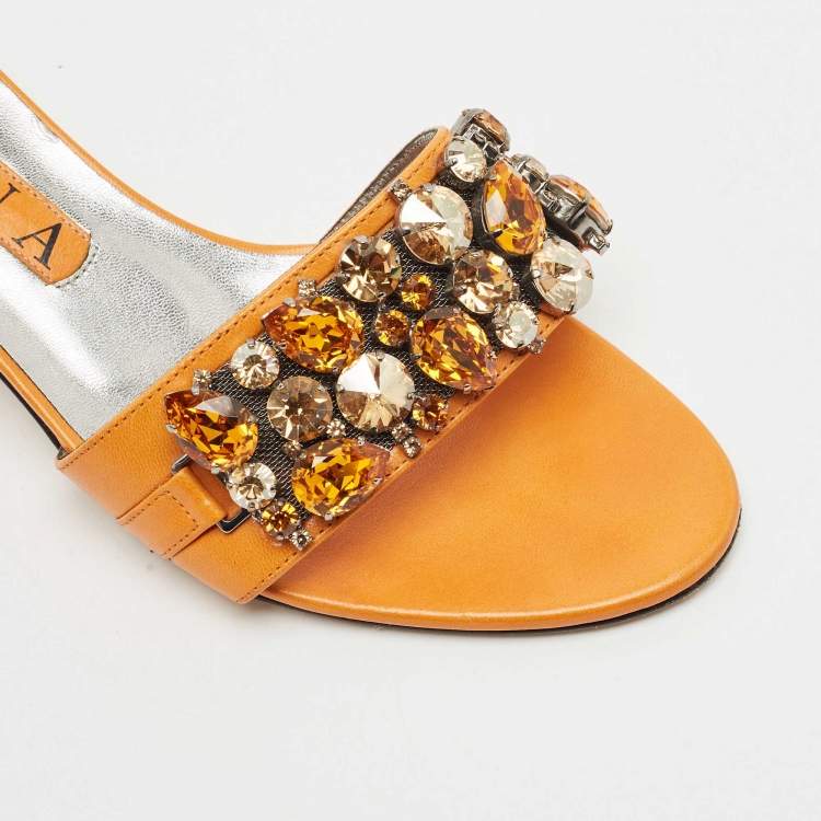 Pre Owned Gina Orange Leather Crystal Embellished Slide Sandals Size 38.5