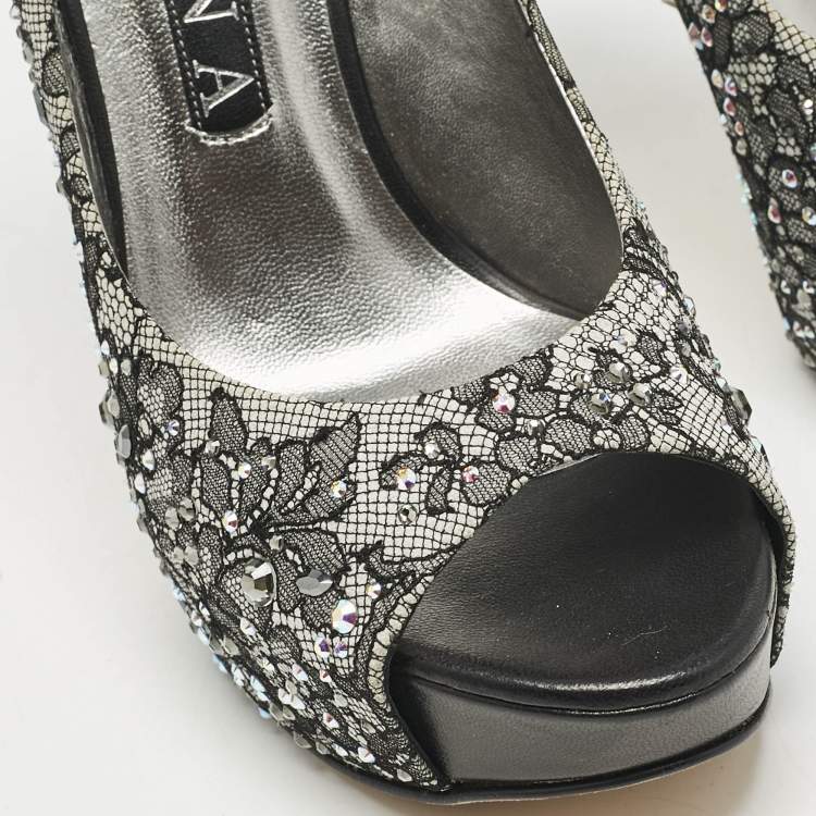 Pre Owned Gina Grey/Black Lace Crystal Embellished Open Toe Platform Pumps Size 39