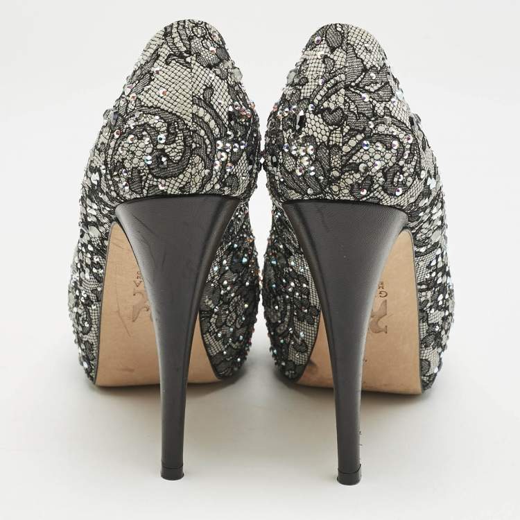 Pre Owned Gina Grey/Black Lace Crystal Embellished Open Toe Platform Pumps Size 39
