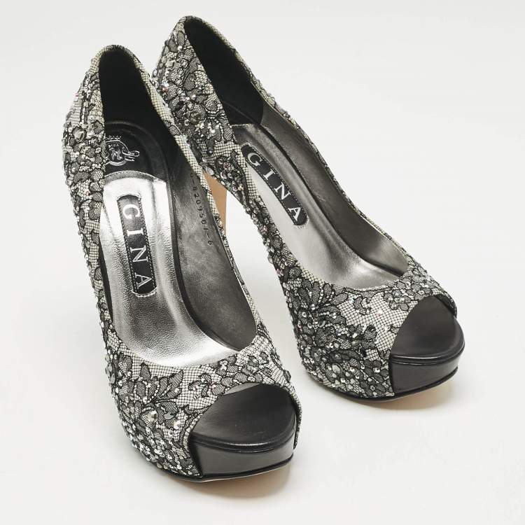 Pre Owned Gina Grey/Black Lace Crystal Embellished Open Toe Platform Pumps Size 39
