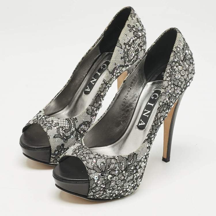 Pre Owned Gina Grey/Black Lace Crystal Embellished Open Toe Platform Pumps Size 39