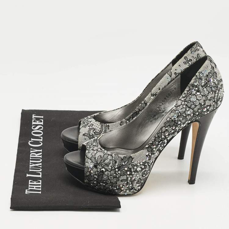 Pre Owned Gina Grey/Black Lace Crystal Embellished Open Toe Platform Pumps Size 39