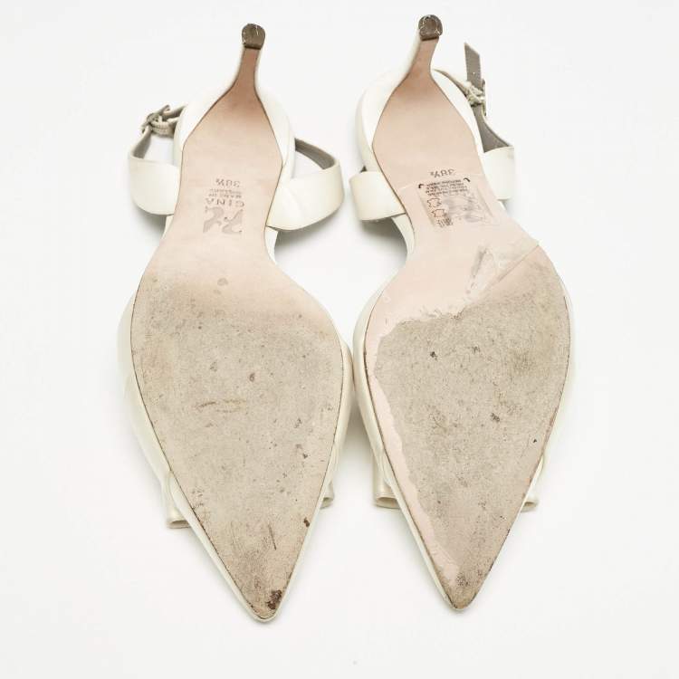 Pre Owned Gina Off White Satin Pointed Toe Slingback Pumps Size 38.5
