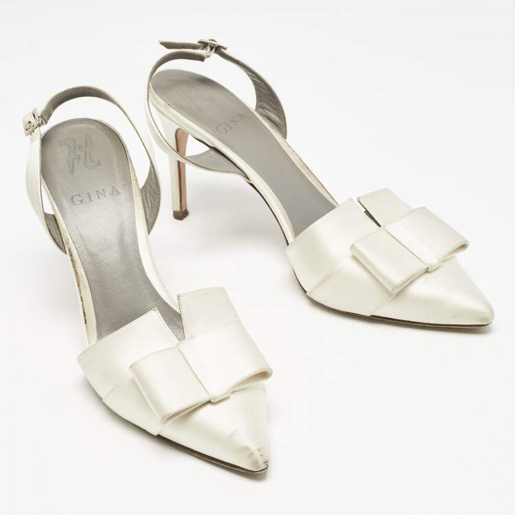 Pre Owned Gina Off White Satin Pointed Toe Slingback Pumps Size 38.5