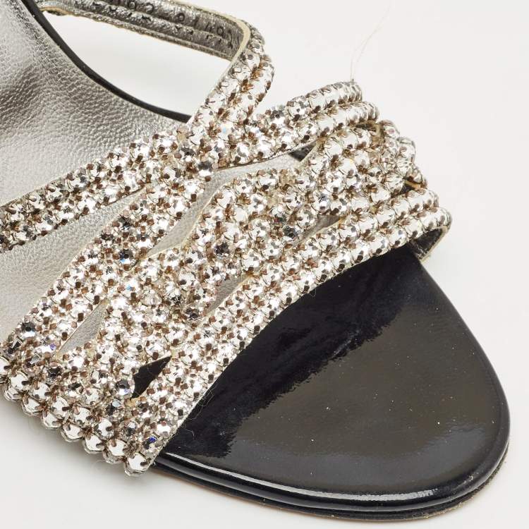 Pre Owned Gina Black/Silver Patent and Leather Crystal Embellished Slide Sandals Size 40.5