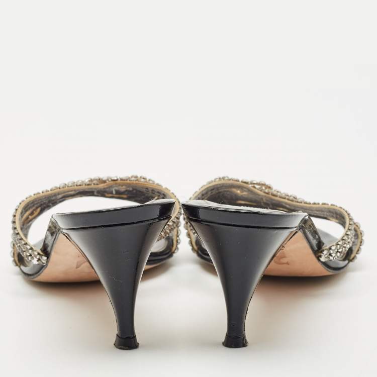Pre Owned Gina Black/Silver Patent and Leather Crystal Embellished Slide Sandals Size 40.5