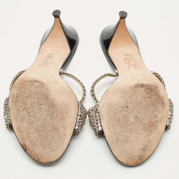 Pre Owned Gina Black/Silver Patent and Leather Crystal Embellished Slide Sandals Size 40.5