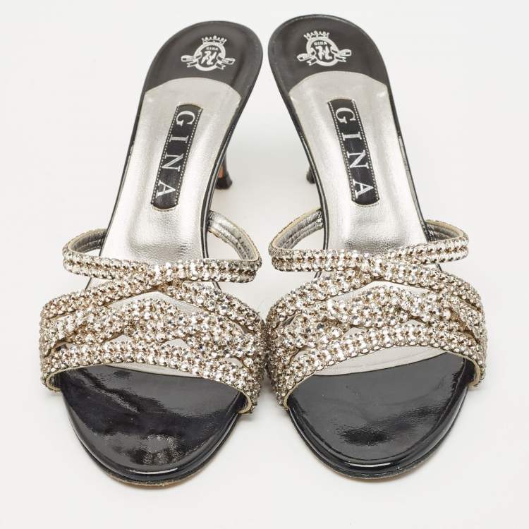 Pre Owned Gina Black/Silver Patent and Leather Crystal Embellished Slide Sandals Size 40.5