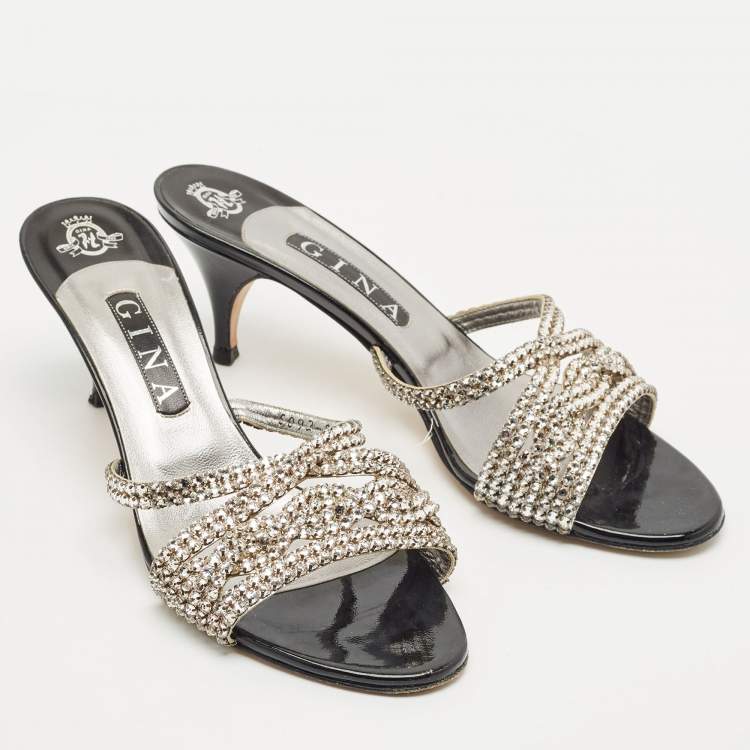 Pre Owned Gina Black/Silver Patent and Leather Crystal Embellished Slide Sandals Size 40.5