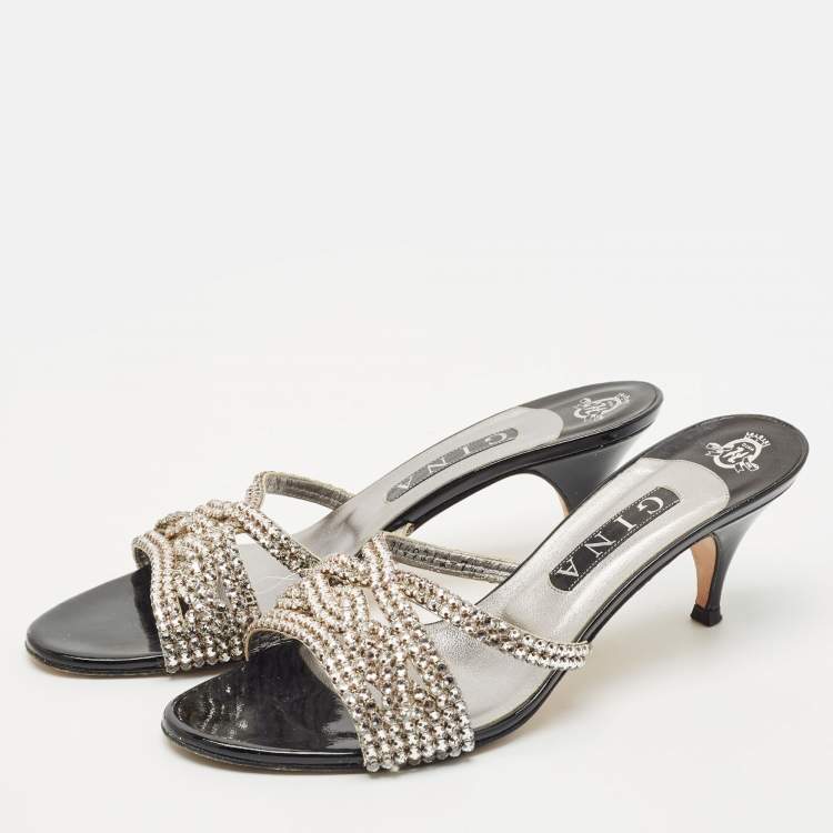 Pre Owned Gina Black/Silver Patent and Leather Crystal Embellished Slide Sandals Size 40.5