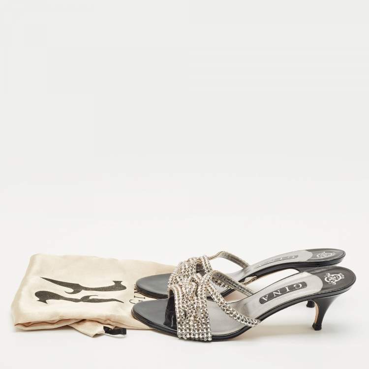 Pre Owned Gina Black/Silver Patent and Leather Crystal Embellished Slide Sandals Size 40.5