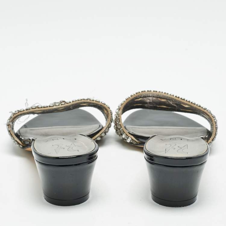 Pre Owned Gina Black//Silver Patent Leather Crystal Embellished Slides Sandals Size 36.5
