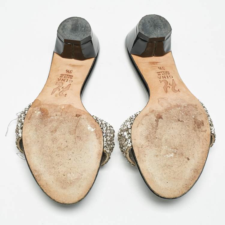 Pre Owned Gina Black//Silver Patent Leather Crystal Embellished Slides Sandals Size 36.5