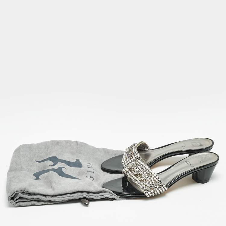 Pre Owned Gina Black//Silver Patent Leather Crystal Embellished Slides Sandals Size 36.5