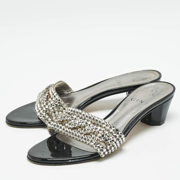 Pre Owned Gina Black//Silver Patent Leather Crystal Embellished Slides Sandals Size 36.5