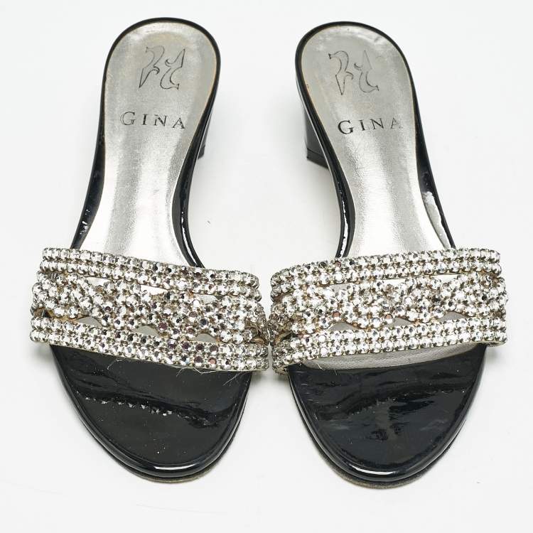 Pre Owned Gina Black//Silver Patent Leather Crystal Embellished Slides Sandals Size 36.5