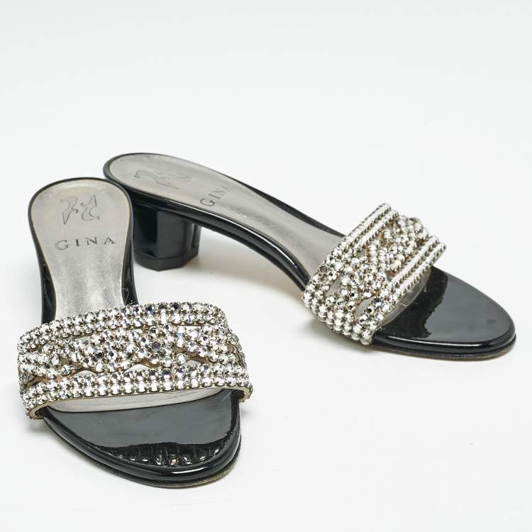 Pre Owned Gina Black//Silver Patent Leather Crystal Embellished Slides Sandals Size 36.5