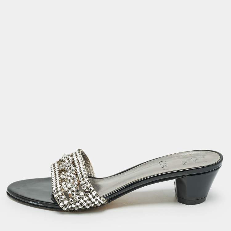 Pre Owned Gina Black//Silver Patent Leather Crystal Embellished Slides Sandals Size 36.5