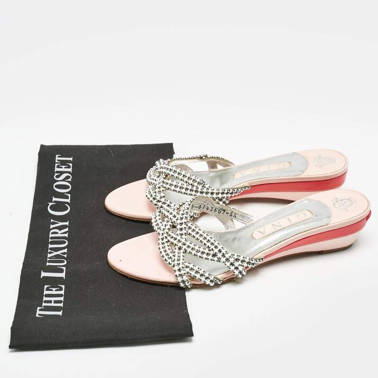 Pre Owned Gina White/Silver Leather Crystal Embellished Sandals Size 38.5
