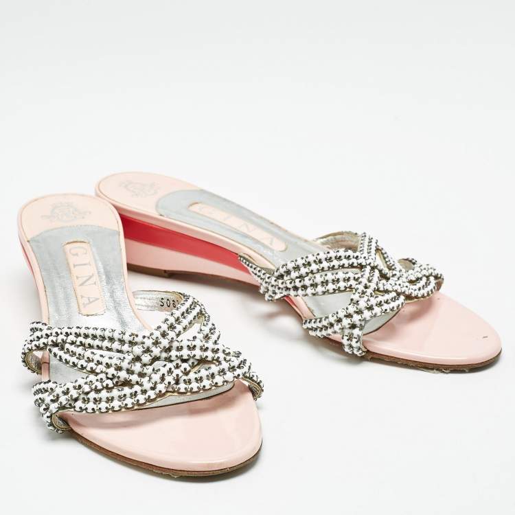 Pre Owned Gina White/Silver Leather Crystal Embellished Sandals Size 38.5