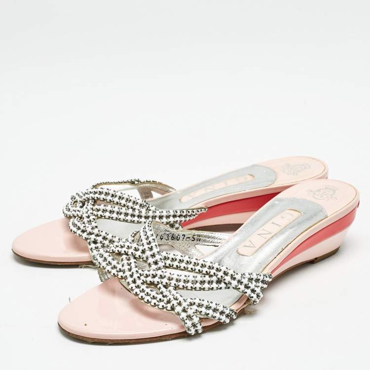 Pre Owned Gina White/Silver Leather Crystal Embellished Sandals Size 38.5