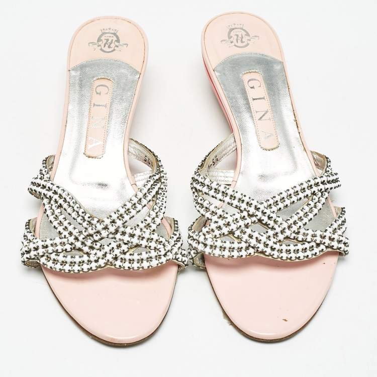 Pre Owned Gina White/Silver Leather Crystal Embellished Sandals Size 38.5
