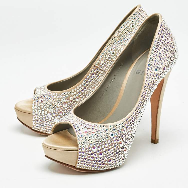 Pre Owned Gina Beige Satin Crystal Embellished Open Toe Platform Pumps Size 38.5