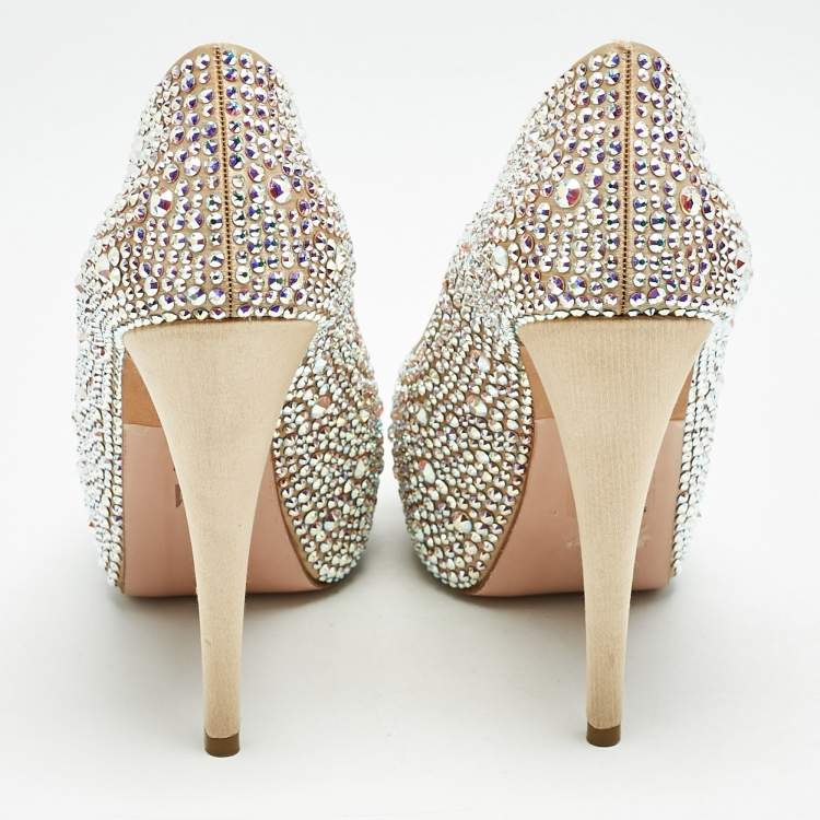 Pre Owned Gina Beige Satin Crystal Embellished Open Toe Platform Pumps Size 38.5
