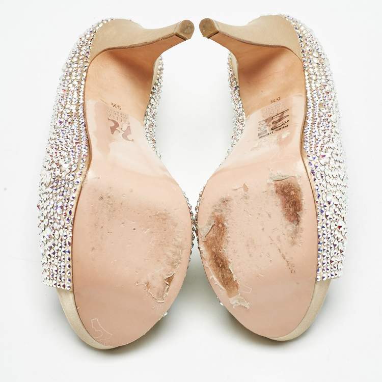 Pre Owned Gina Beige Satin Crystal Embellished Open Toe Platform Pumps Size 38.5