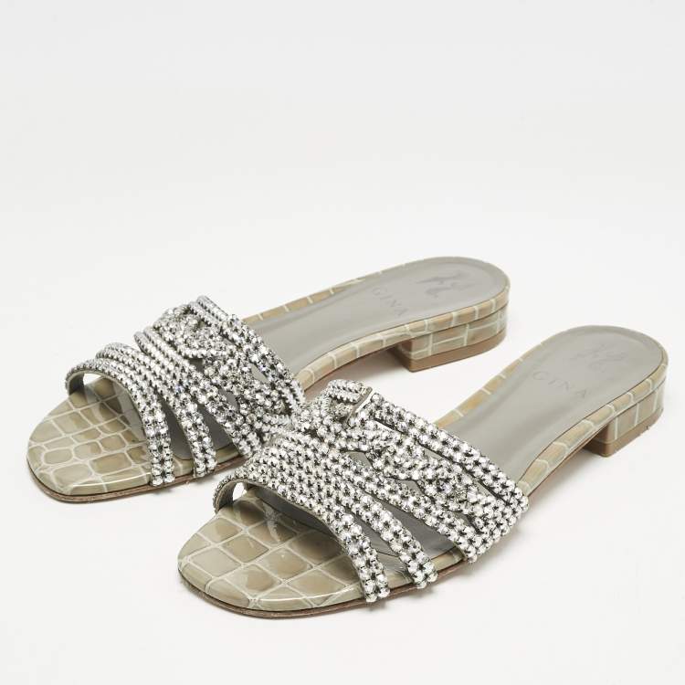Pre Owned Gina Grey Croc Embossed Patent Leather Crystal Embellished Flat Slide Sandals Size 38.5