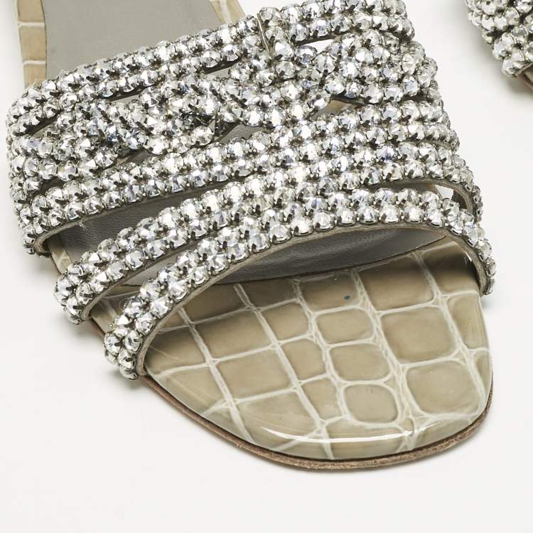 Pre Owned Gina Grey Croc Embossed Patent Leather Crystal Embellished Flat Slide Sandals Size 38.5