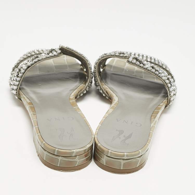 Pre Owned Gina Grey Croc Embossed Patent Leather Crystal Embellished Flat Slide Sandals Size 38.5