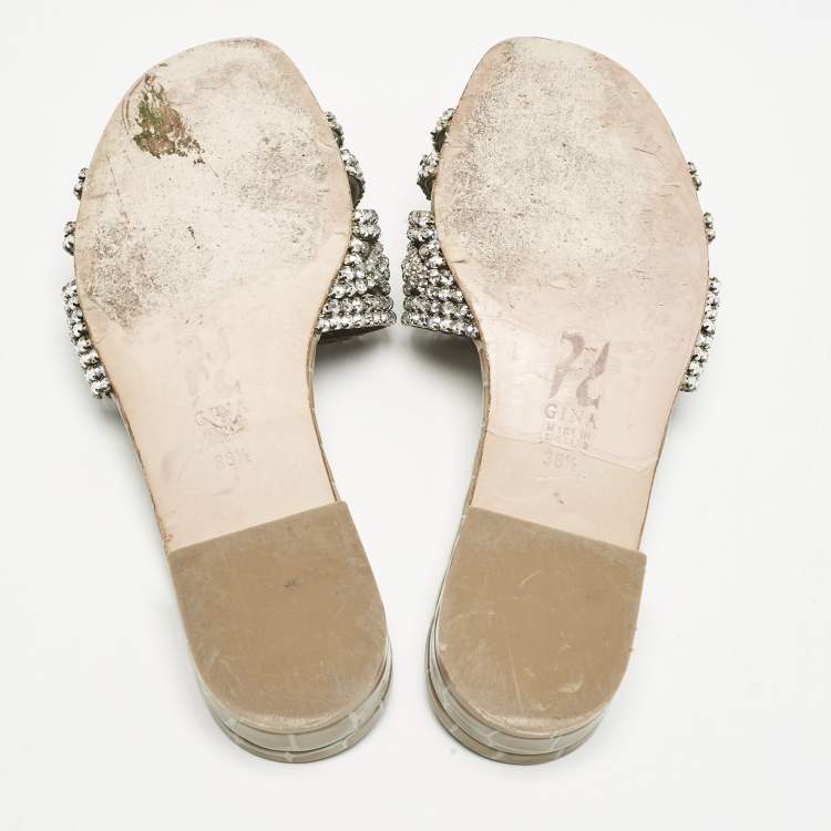 Pre Owned Gina Grey Croc Embossed Patent Leather Crystal Embellished Flat Slide Sandals Size 38.5