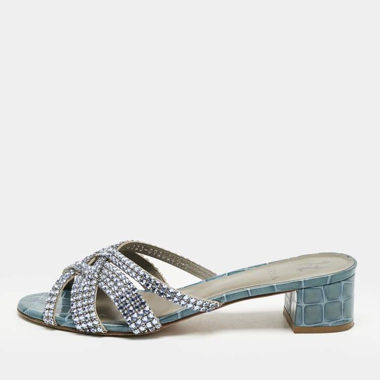 Pre Owned Gina Blue Croc Embossed Patent Leather Crystal Embellished Slide Sandals Size 39