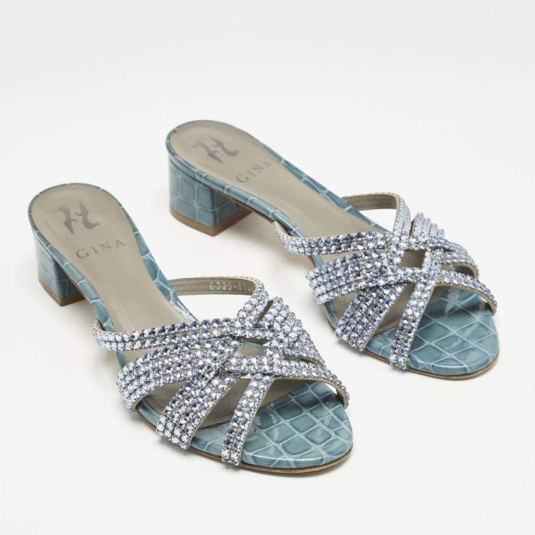 Pre Owned Gina Blue Croc Embossed Patent Leather Crystal Embellished Slide Sandals Size 39