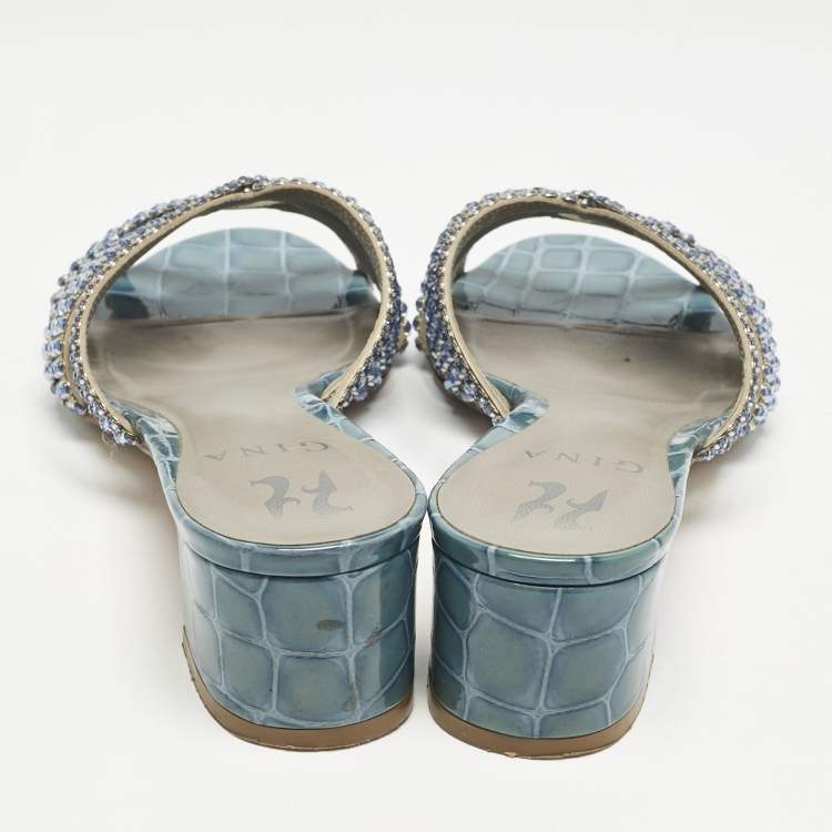 Pre Owned Gina Blue Croc Embossed Patent Leather Crystal Embellished Slide Sandals Size 39