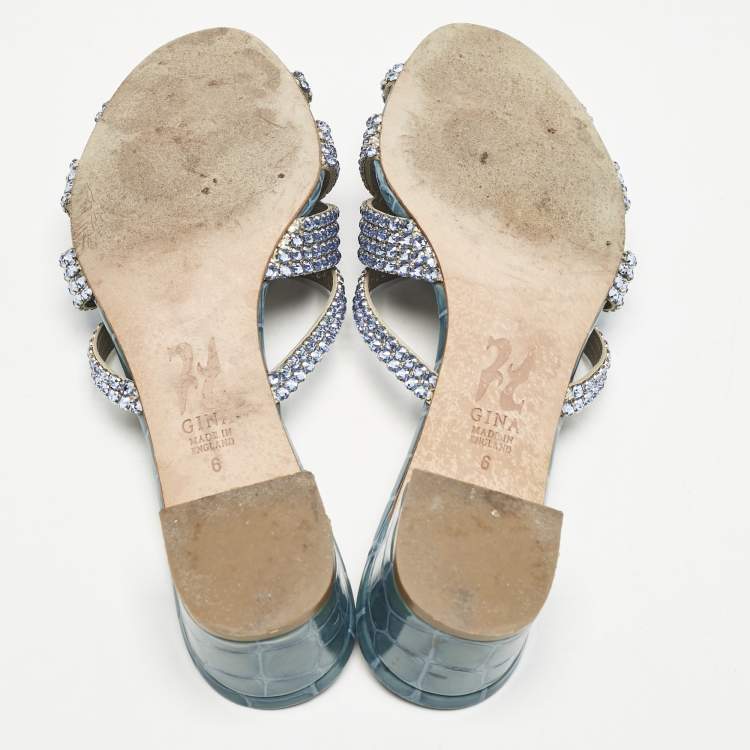 Pre Owned Gina Blue Croc Embossed Patent Leather Crystal Embellished Slide Sandals Size 39