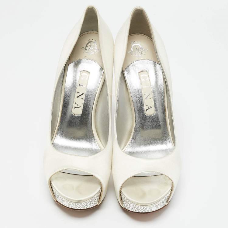 Pre Owned Gina White Satin Jenna Crystal Embellished Heel Open Toe Platform Pumps Size 39.5