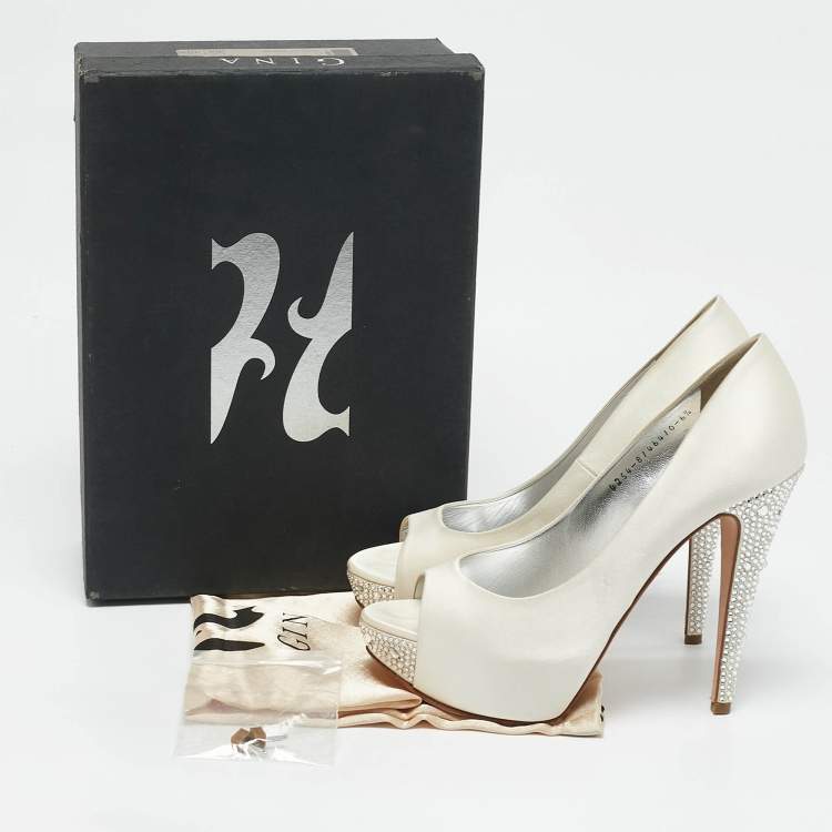 Pre Owned Gina White Satin Jenna Crystal Embellished Heel Open Toe Platform Pumps Size 39.5