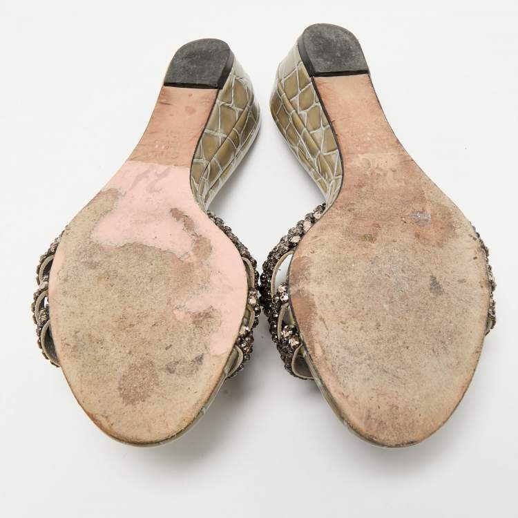 Pre Owned Gina Grey Leather Crystal Embellished Daphne Slide Sandals Size 38.5