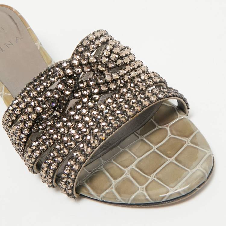 Pre Owned Gina Grey Leather Crystal Embellished Daphne Slide Sandals Size 38.5